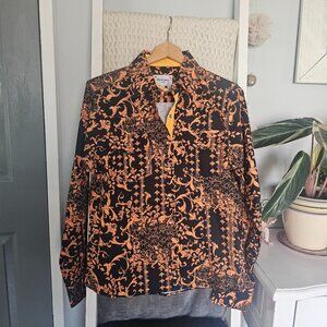 Ace of Diamonds Floral Blouse – Size Large – Orange & Black w/ Pearl Snaps